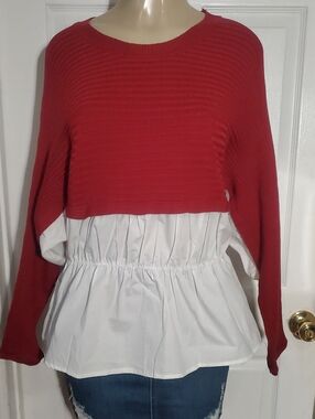 burgundy Layered Knit Top with White Peplum